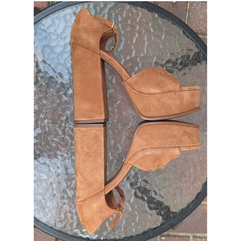 Zara EU 37 US 7 Brown Faux Suede Platform Block Heel Ankle Strap Sandals Retro